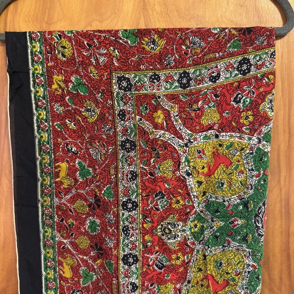 Vintage Red Green Yellow Boho Floral Lion jaguar Square Scarf 30" - Picture 8 of 11
